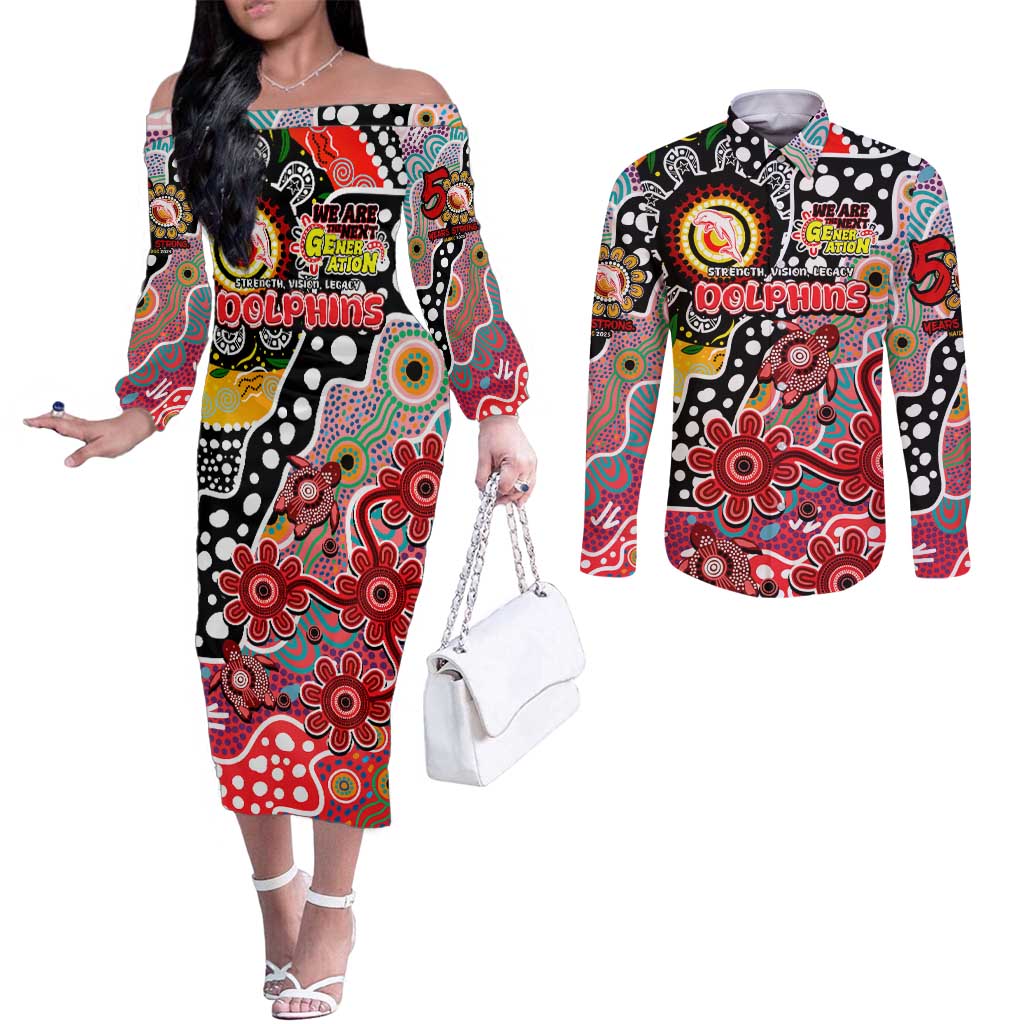 Personalised Dolphins NRL Celebrating 50 Years of Naidoc Couples Matching Off The Shoulder Long Sleeve Dress and Long Sleeve Button Shirt NAIDOC Week 2025 Aboriginal