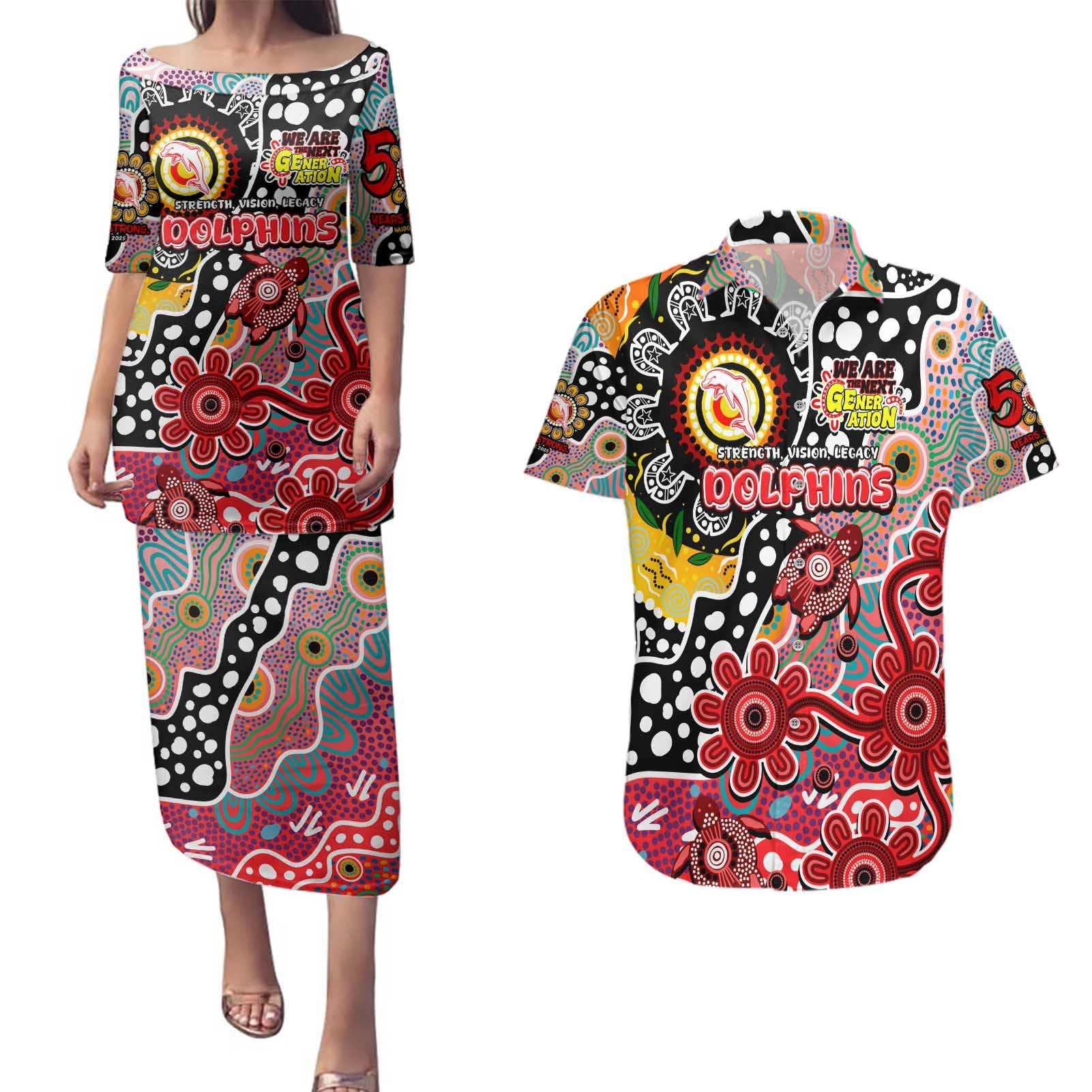 Personalised Dolphins NRL Celebrating 50 Years of Naidoc Couples Matching Puletasi and Hawaiian Shirt NAIDOC Week 2025 Aboriginal