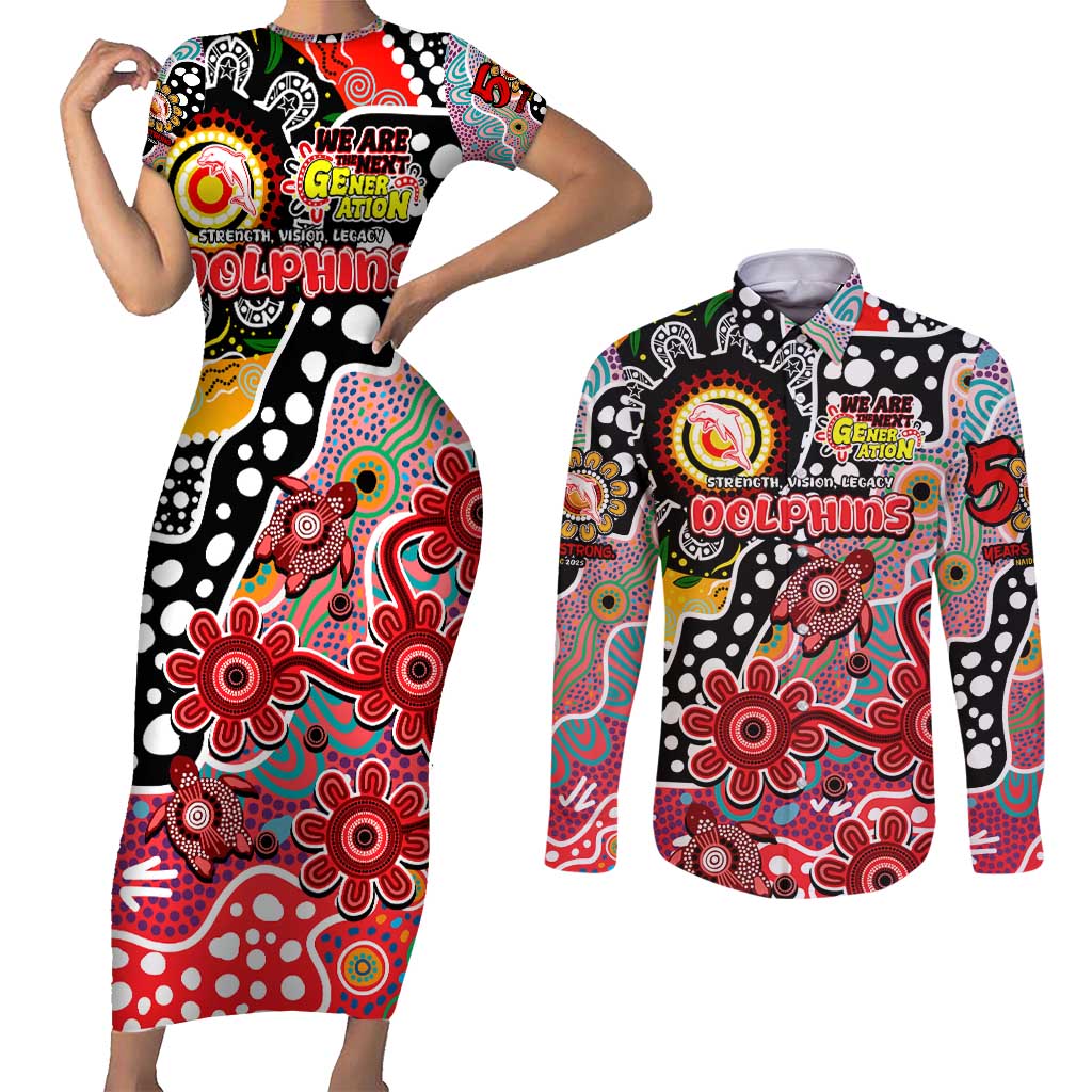 Personalised Dolphins NRL Celebrating 50 Years of Naidoc Couples Matching Short Sleeve Bodycon Dress and Long Sleeve Button Shirt NAIDOC Week 2025 Aboriginal