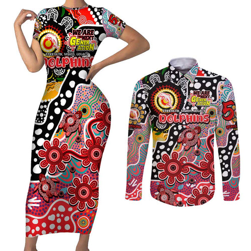 Personalised Dolphins NRL Celebrating 50 Years of Naidoc Couples Matching Short Sleeve Bodycon Dress and Long Sleeve Button Shirt NAIDOC Week 2025 Aboriginal