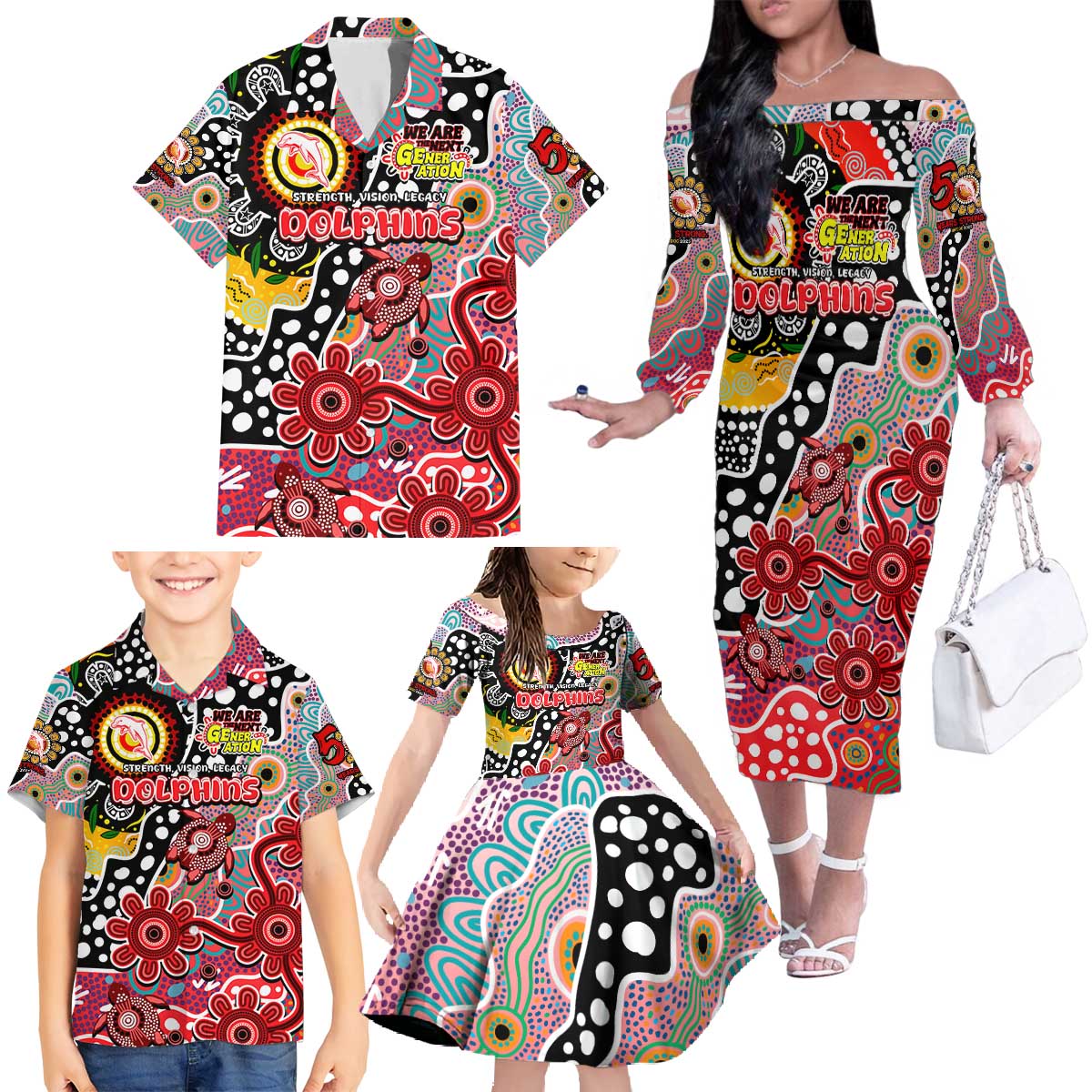 Personalised Dolphins NRL Celebrating 50 Years of Naidoc Family Matching Off The Shoulder Long Sleeve Dress and Hawaiian Shirt NAIDOC Week 2025 Aboriginal