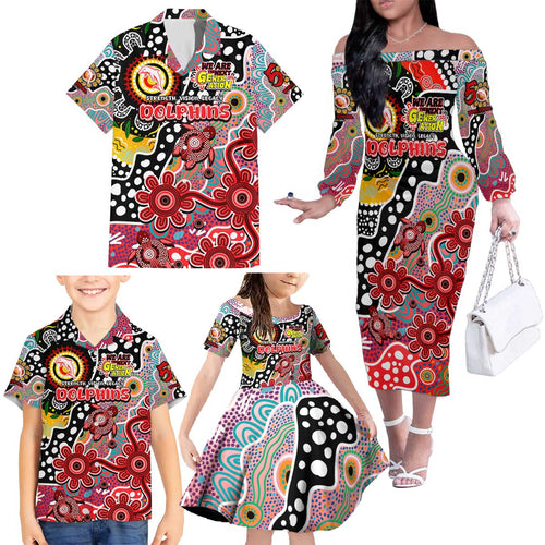 Personalised Dolphins NRL Celebrating 50 Years of Naidoc Family Matching Off The Shoulder Long Sleeve Dress and Hawaiian Shirt NAIDOC Week 2025 Aboriginal