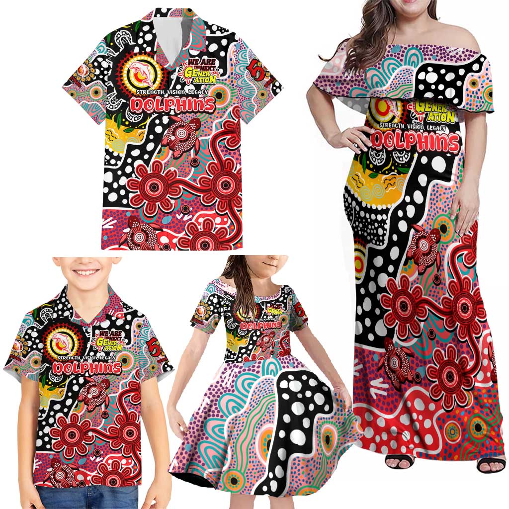 Personalised Dolphins NRL Celebrating 50 Years of Naidoc Family Matching Off Shoulder Maxi Dress and Hawaiian Shirt NAIDOC Week 2025 Aboriginal
