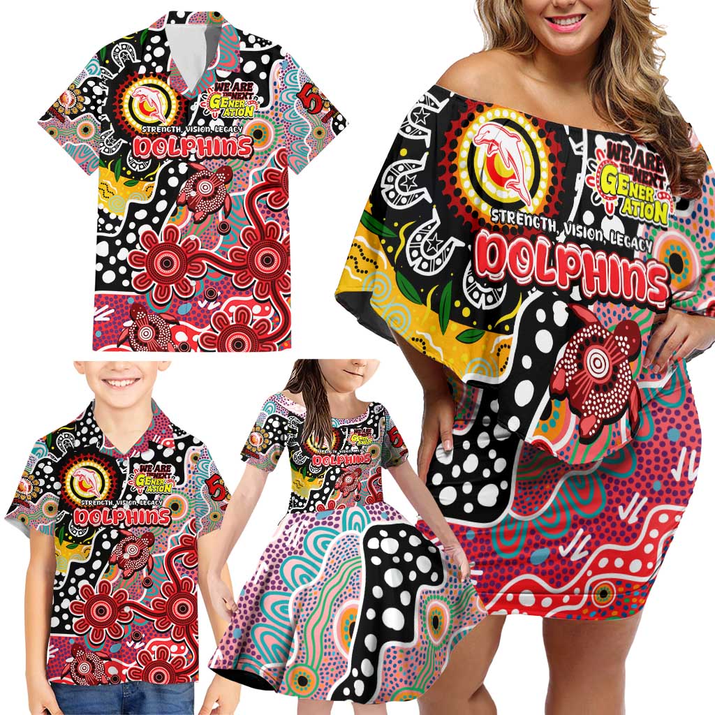 Personalised Dolphins NRL Celebrating 50 Years of Naidoc Family Matching Off Shoulder Short Dress and Hawaiian Shirt NAIDOC Week 2025 Aboriginal