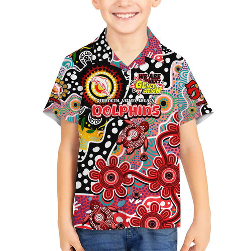 Personalised Dolphins NRL Celebrating 50 Years of Naidoc Family Matching Off Shoulder Short Dress and Hawaiian Shirt NAIDOC Week 2025 Aboriginal