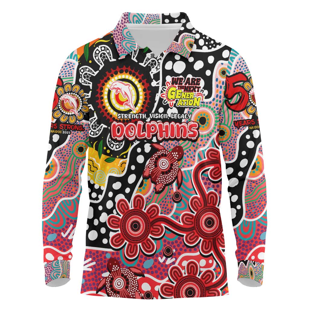 Personalised Dolphins NRL Celebrating 50 Years of Naidoc Long Sleeve Polo Shirt NAIDOC Week 2025 Aboriginal