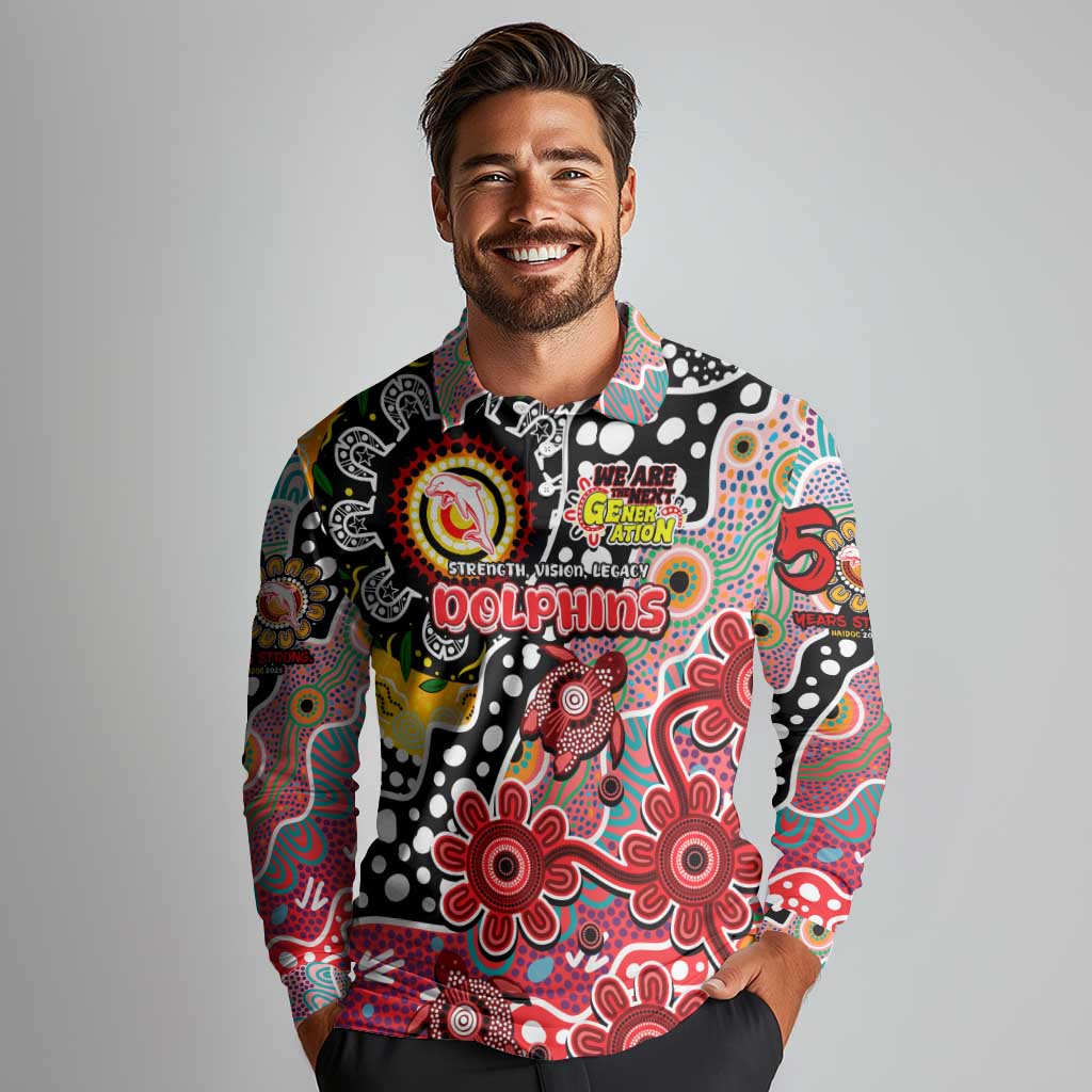 Personalised Dolphins NRL Celebrating 50 Years of Naidoc Long Sleeve Polo Shirt NAIDOC Week 2025 Aboriginal