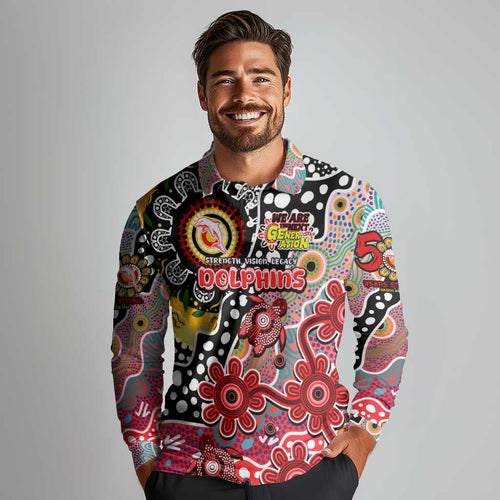 Personalised Dolphins NRL Celebrating 50 Years of Naidoc Long Sleeve Polo Shirt NAIDOC Week 2025 Aboriginal