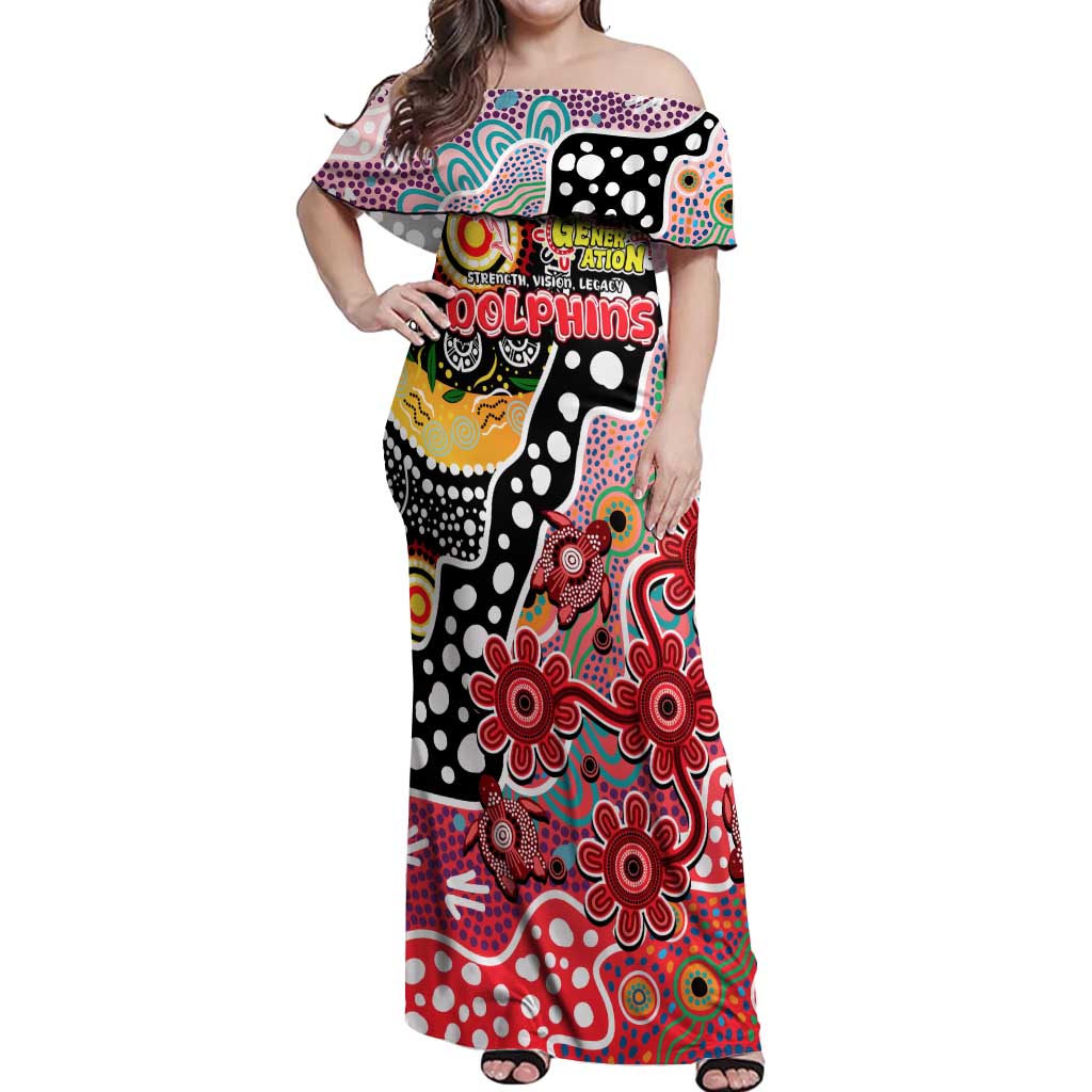 Personalised Dolphins NRL Celebrating 50 Years of Naidoc Off Shoulder Maxi Dress NAIDOC Week 2025 Aboriginal