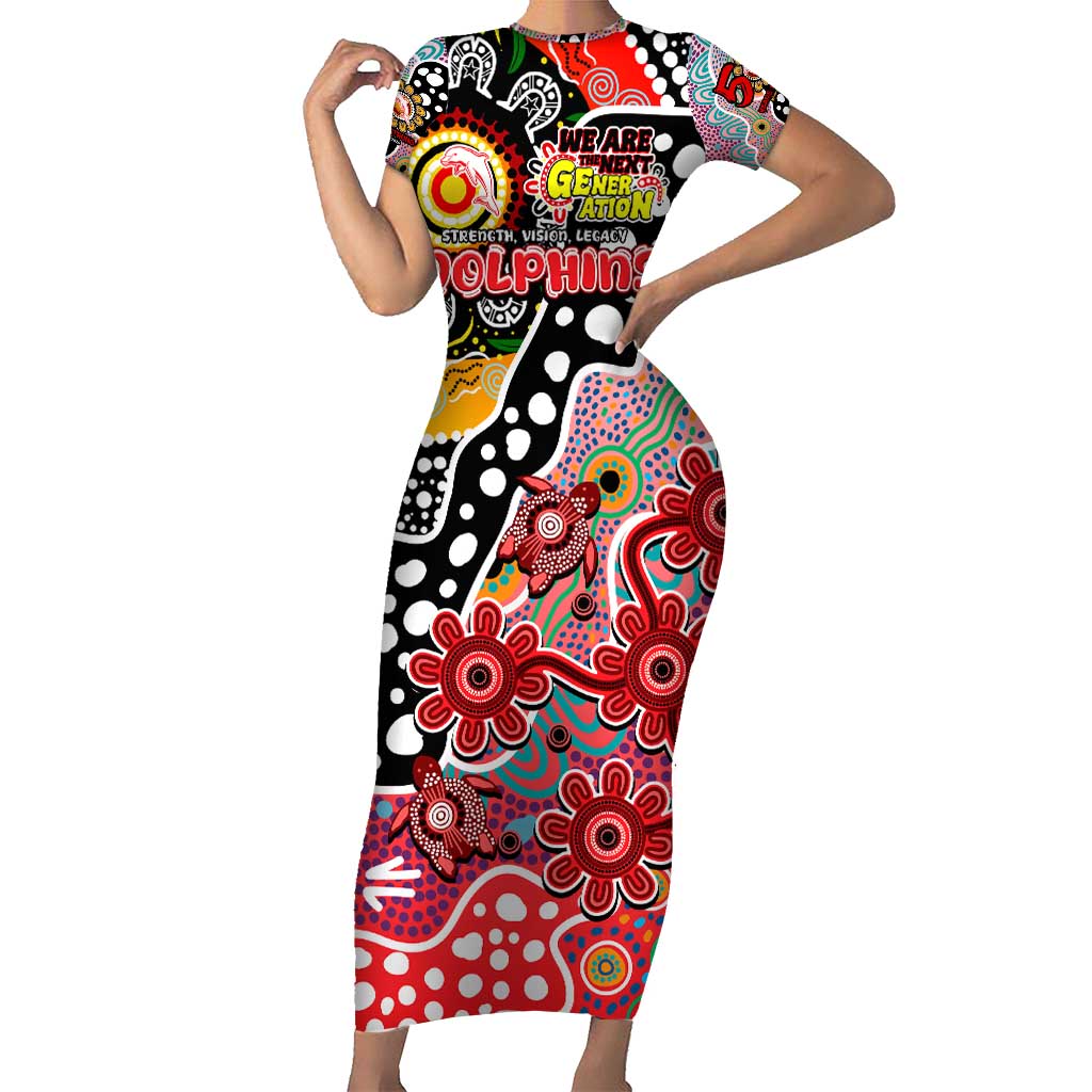 Personalised Dolphins NRL Celebrating 50 Years of Naidoc Short Sleeve Bodycon Dress NAIDOC Week 2025 Aboriginal