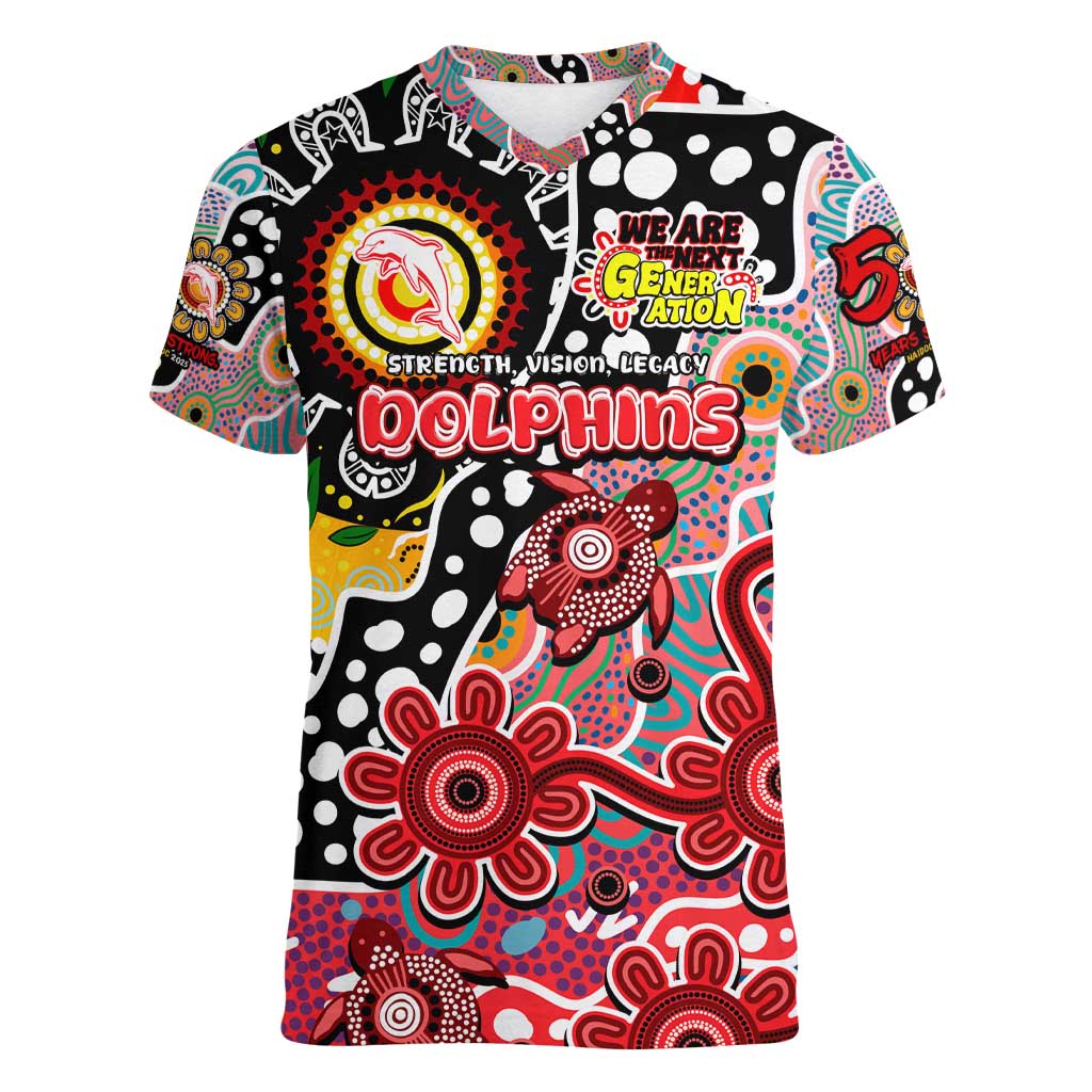 Personalised Dolphins NRL Celebrating 50 Years of Naidoc Women V-Neck T-Shirt NAIDOC Week 2025 Aboriginal