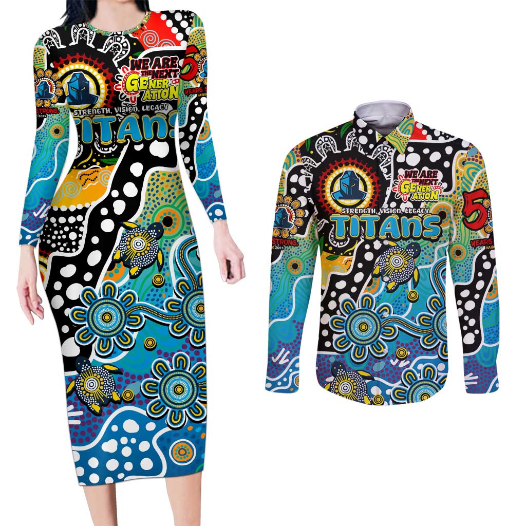Personalised Titans NRL Celebrating 50 Years of Naidoc Couples Matching Long Sleeve Bodycon Dress and Long Sleeve Button Shirt NAIDOC Week 2025 Aboriginal