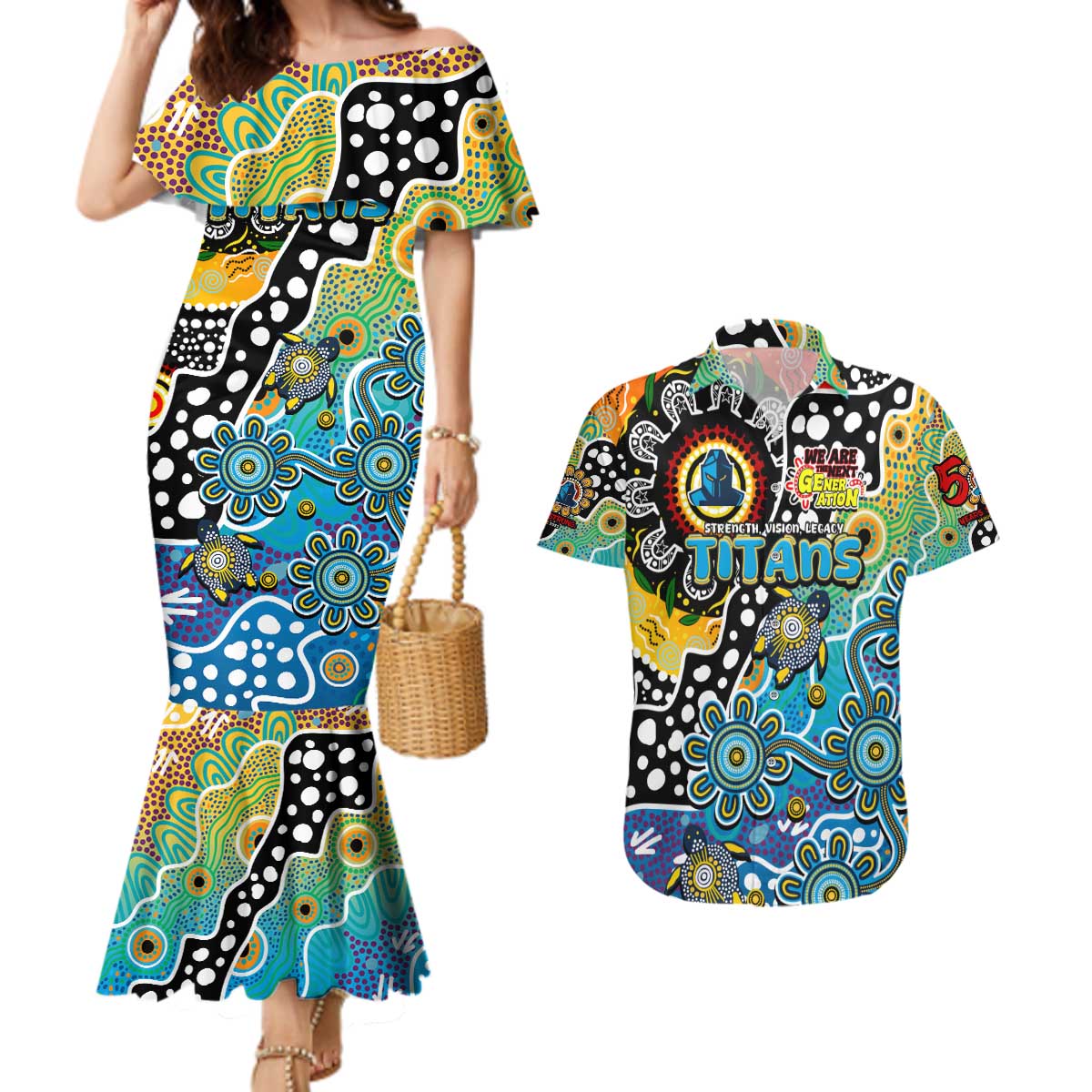 Personalised Titans NRL Celebrating 50 Years of Naidoc Couples Matching Mermaid Dress and Hawaiian Shirt NAIDOC Week 2025 Aboriginal