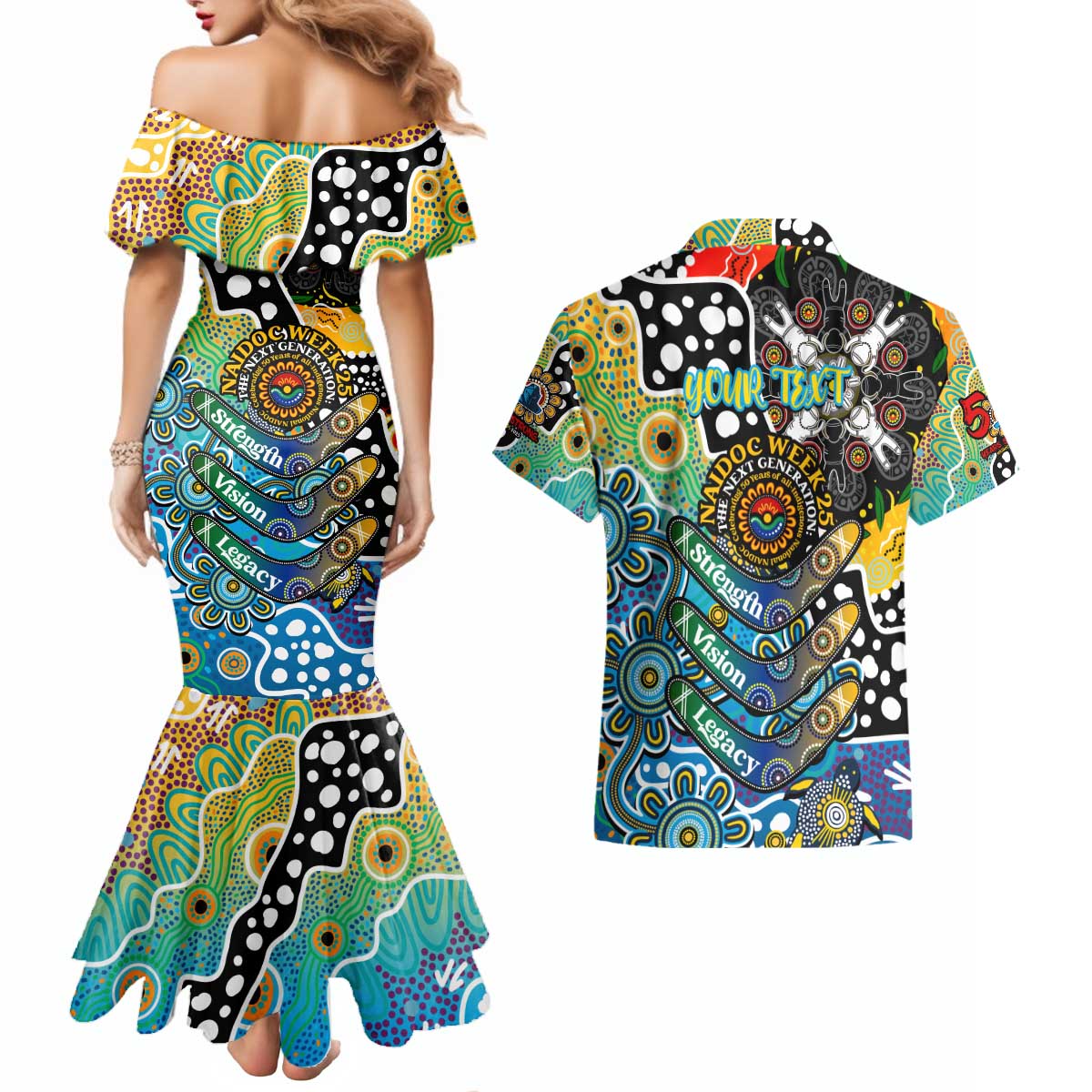 Personalised Titans NRL Celebrating 50 Years of Naidoc Couples Matching Mermaid Dress and Hawaiian Shirt NAIDOC Week 2025 Aboriginal