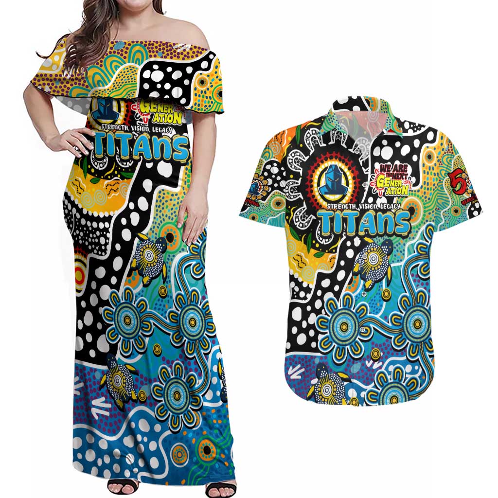 Personalised Titans NRL Celebrating 50 Years of Naidoc Couples Matching Off Shoulder Maxi Dress and Hawaiian Shirt NAIDOC Week 2025 Aboriginal