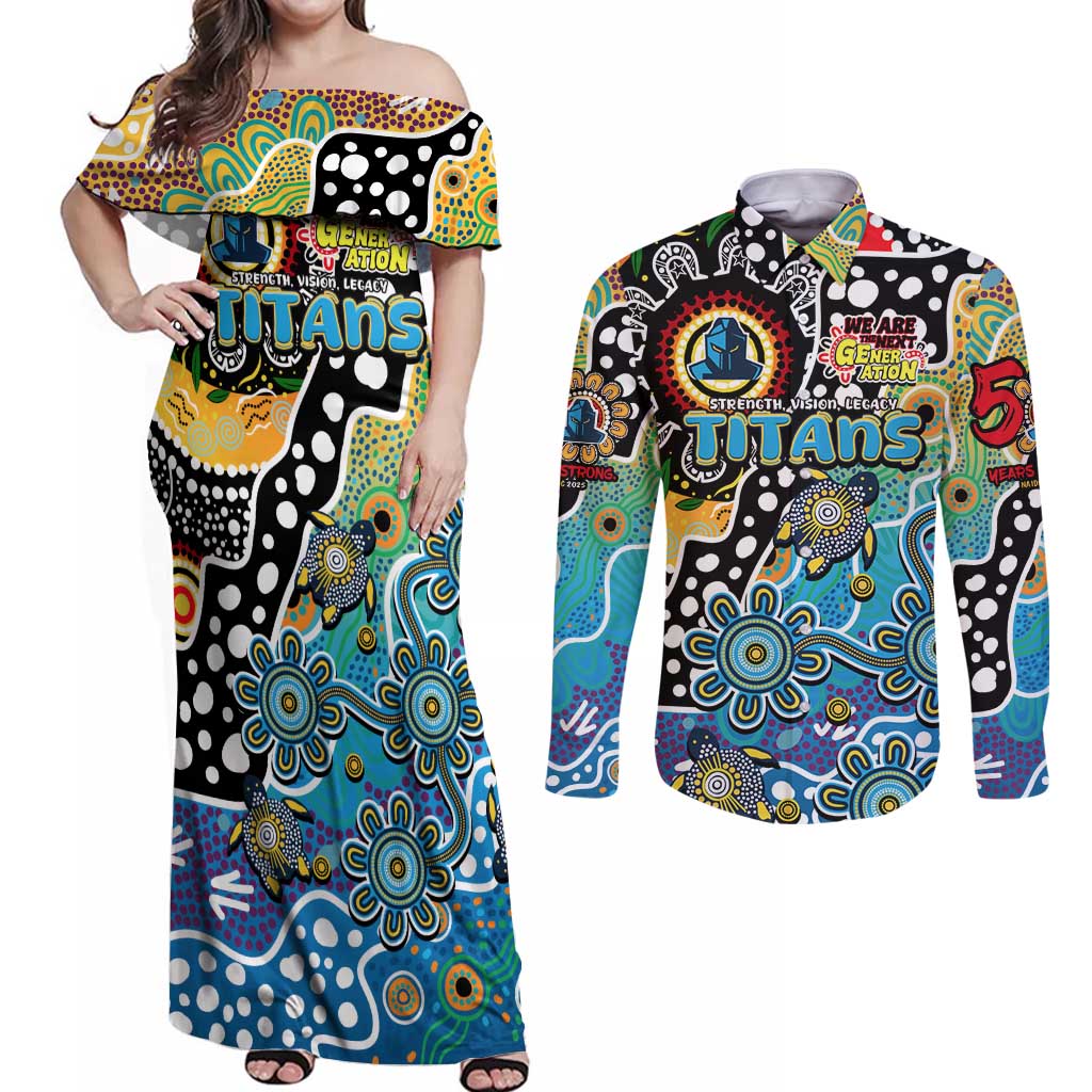 Personalised Titans NRL Celebrating 50 Years of Naidoc Couples Matching Off Shoulder Maxi Dress and Long Sleeve Button Shirt NAIDOC Week 2025 Aboriginal