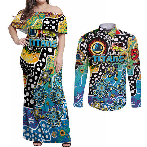 Personalised Titans NRL Celebrating 50 Years of Naidoc Couples Matching Off Shoulder Maxi Dress and Long Sleeve Button Shirt NAIDOC Week 2025 Aboriginal