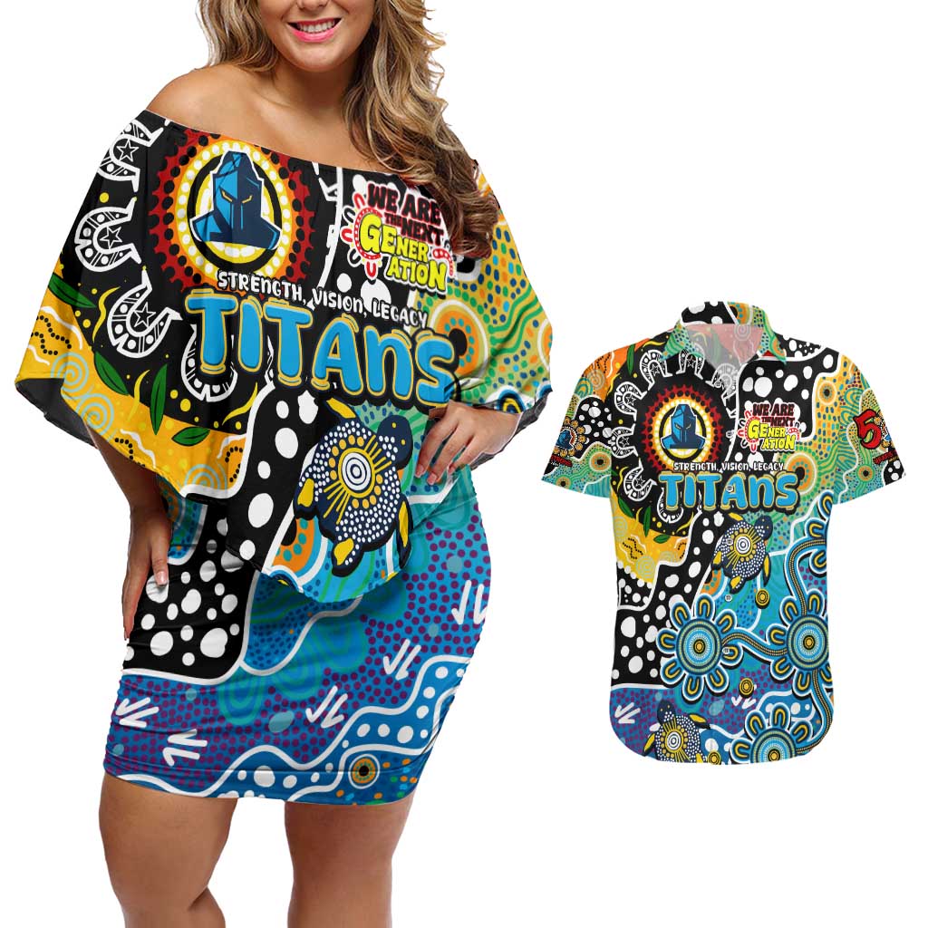 Personalised Titans NRL Celebrating 50 Years of Naidoc Couples Matching Off Shoulder Short Dress and Hawaiian Shirt NAIDOC Week 2025 Aboriginal