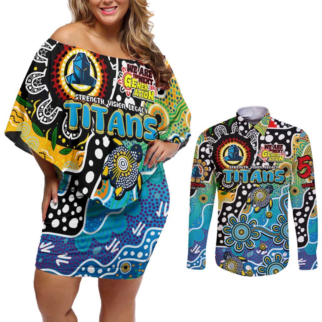 Personalised Titans NRL Celebrating 50 Years of Naidoc Couples Matching Off Shoulder Short Dress and Long Sleeve Button Shirt NAIDOC Week 2025 Aboriginal