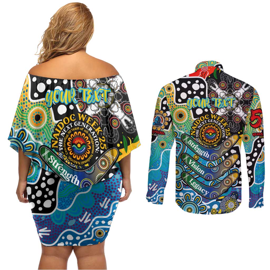 Personalised Titans NRL Celebrating 50 Years of Naidoc Couples Matching Off Shoulder Short Dress and Long Sleeve Button Shirt NAIDOC Week 2025 Aboriginal