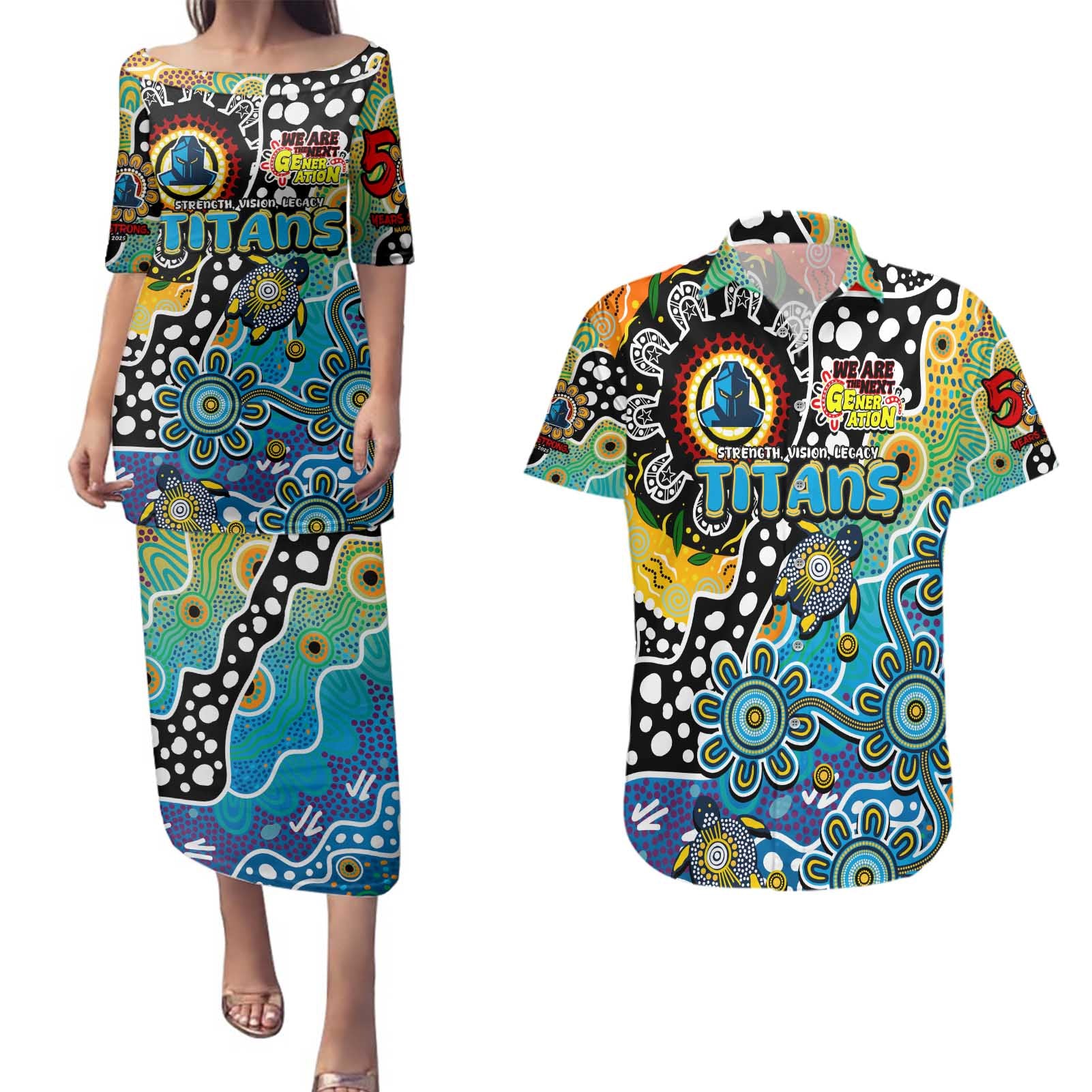 Personalised Titans NRL Celebrating 50 Years of Naidoc Couples Matching Puletasi and Hawaiian Shirt NAIDOC Week 2025 Aboriginal