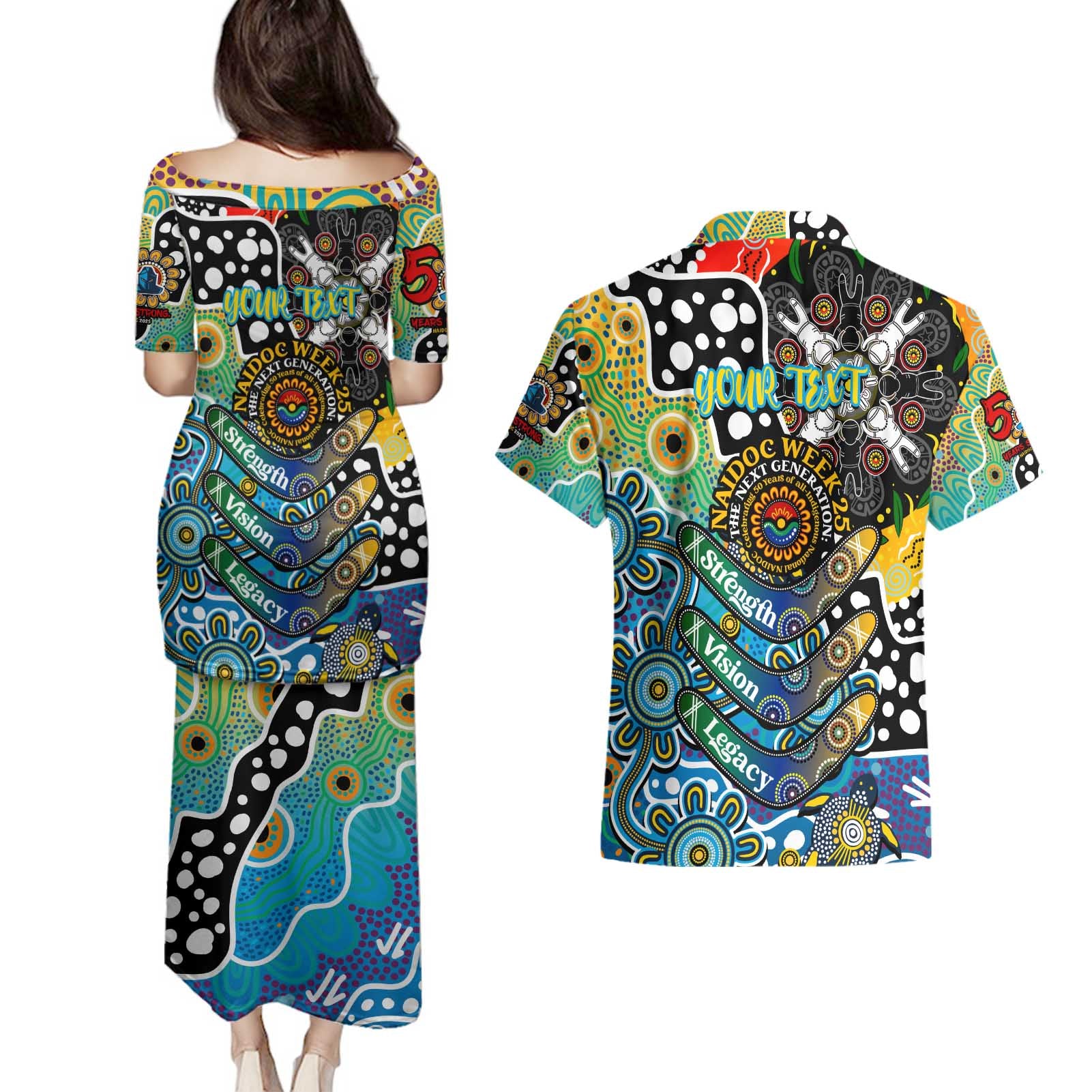 Personalised Titans NRL Celebrating 50 Years of Naidoc Couples Matching Puletasi and Hawaiian Shirt NAIDOC Week 2025 Aboriginal