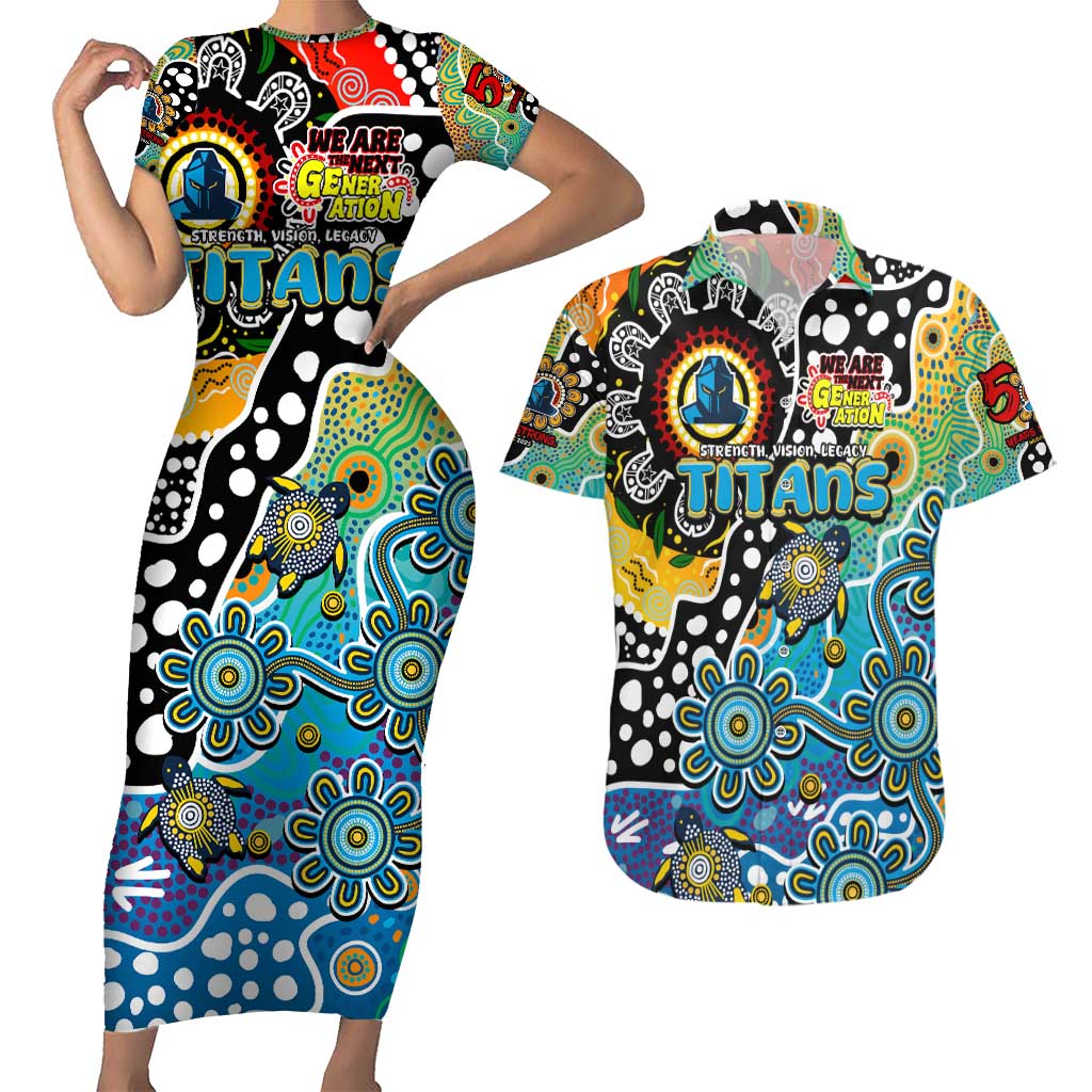 Personalised Titans NRL Celebrating 50 Years of Naidoc Couples Matching Short Sleeve Bodycon Dress and Hawaiian Shirt NAIDOC Week 2025 Aboriginal