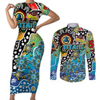 Personalised Titans NRL Celebrating 50 Years of Naidoc Couples Matching Short Sleeve Bodycon Dress and Long Sleeve Button Shirt NAIDOC Week 2025 Aboriginal