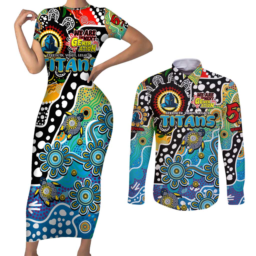 Personalised Titans NRL Celebrating 50 Years of Naidoc Couples Matching Short Sleeve Bodycon Dress and Long Sleeve Button Shirt NAIDOC Week 2025 Aboriginal