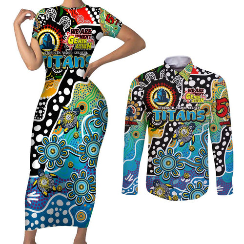 Personalised Titans NRL Celebrating 50 Years of Naidoc Couples Matching Short Sleeve Bodycon Dress and Long Sleeve Button Shirt NAIDOC Week 2025 Aboriginal