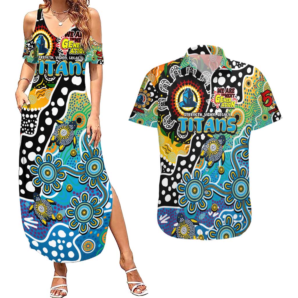 Personalised Titans NRL Celebrating 50 Years of Naidoc Couples Matching Summer Maxi Dress and Hawaiian Shirt NAIDOC Week 2025 Aboriginal