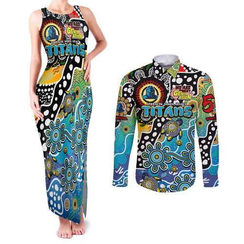 Personalised Titans NRL Celebrating 50 Years of Naidoc Couples Matching Tank Maxi Dress and Long Sleeve Button Shirt NAIDOC Week 2025 Aboriginal