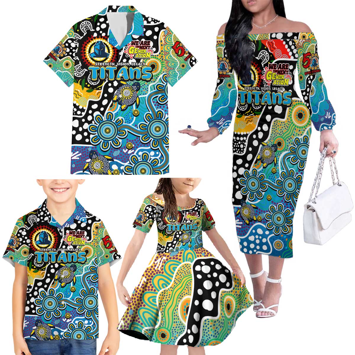 Personalised Titans NRL Celebrating 50 Years of Naidoc Family Matching Off The Shoulder Long Sleeve Dress and Hawaiian Shirt NAIDOC Week 2025 Aboriginal