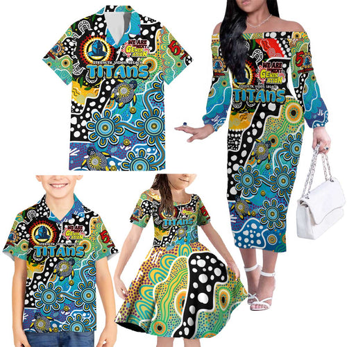 Personalised Titans NRL Celebrating 50 Years of Naidoc Family Matching Off The Shoulder Long Sleeve Dress and Hawaiian Shirt NAIDOC Week 2025 Aboriginal