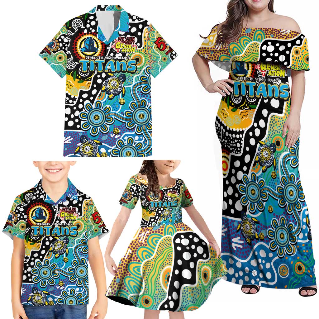 Personalised Titans NRL Celebrating 50 Years of Naidoc Family Matching Off Shoulder Maxi Dress and Hawaiian Shirt NAIDOC Week 2025 Aboriginal