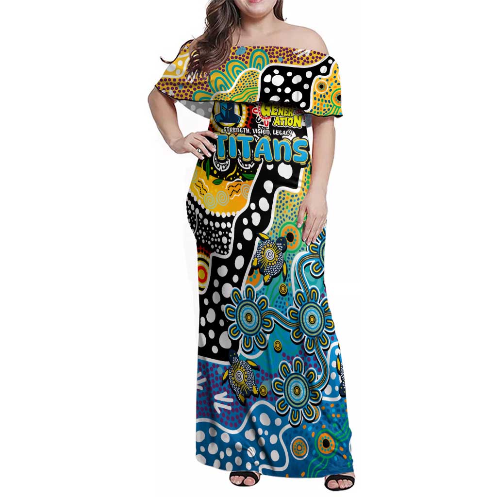 Personalised Titans NRL Celebrating 50 Years of Naidoc Family Matching Off Shoulder Maxi Dress and Hawaiian Shirt NAIDOC Week 2025 Aboriginal