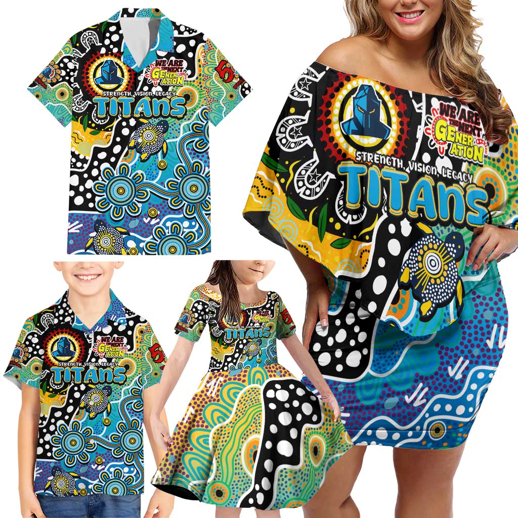 Personalised Titans NRL Celebrating 50 Years of Naidoc Family Matching Off Shoulder Short Dress and Hawaiian Shirt NAIDOC Week 2025 Aboriginal