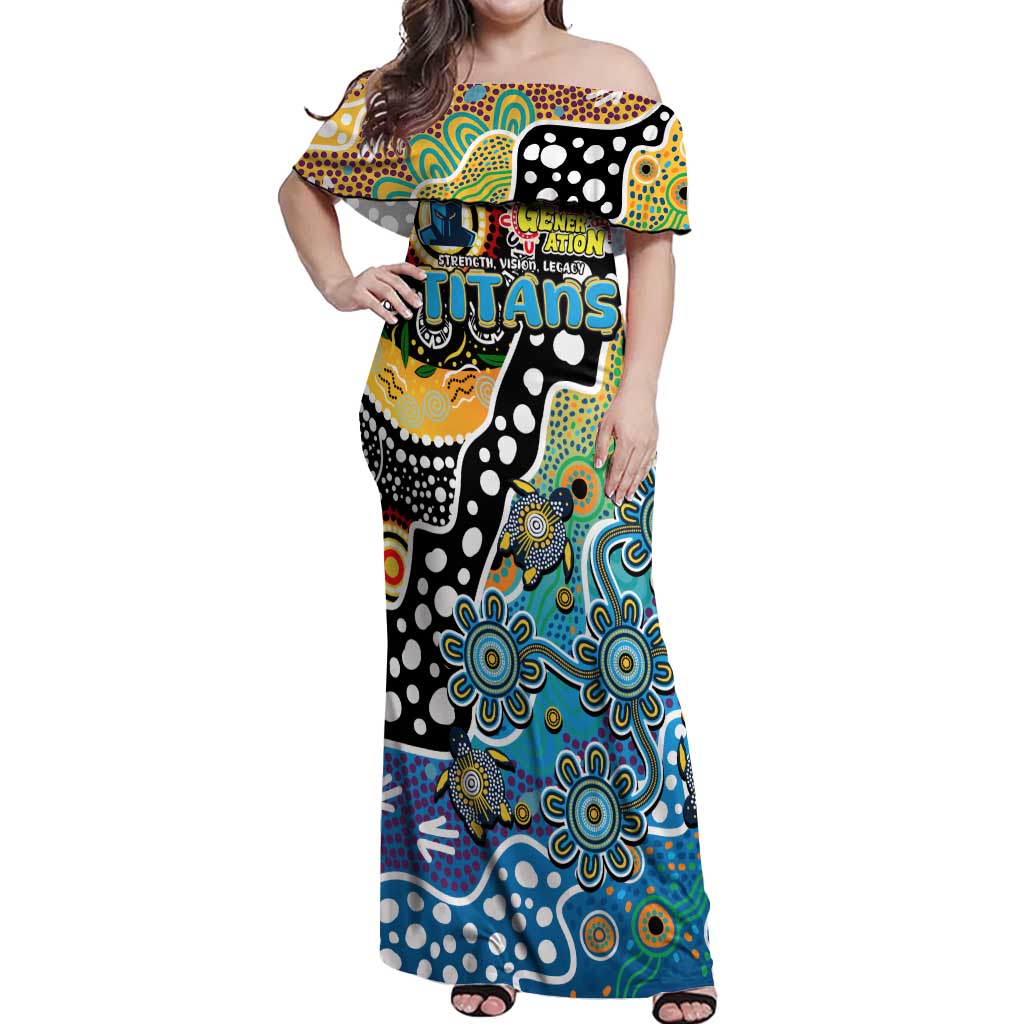 Personalised Titans NRL Celebrating 50 Years of Naidoc Off Shoulder Maxi Dress NAIDOC Week 2025 Aboriginal