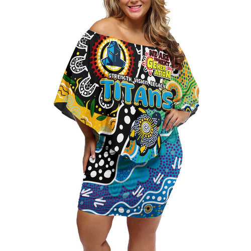 Personalised Titans NRL Celebrating 50 Years of Naidoc Off Shoulder Short Dress NAIDOC Week 2025 Aboriginal