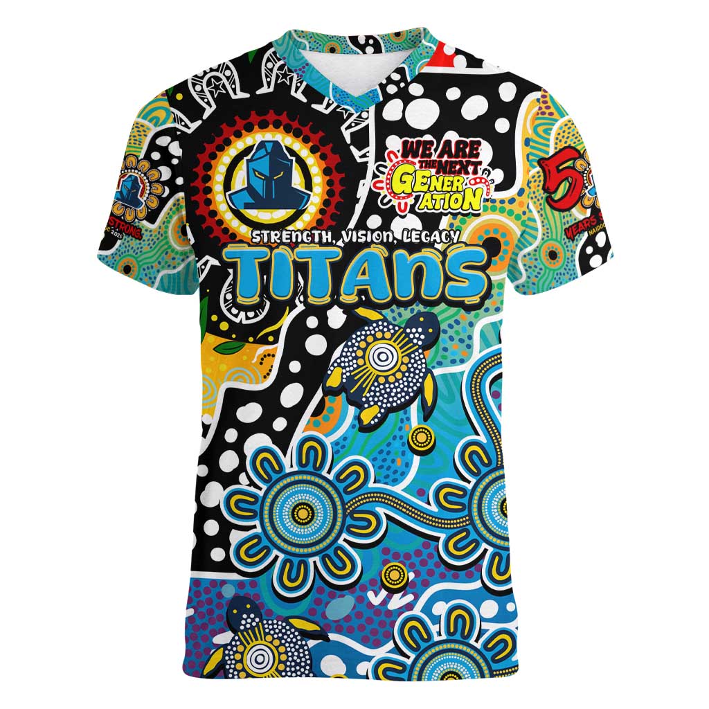 Personalised Titans NRL Celebrating 50 Years of Naidoc Women V-Neck T-Shirt NAIDOC Week 2025 Aboriginal