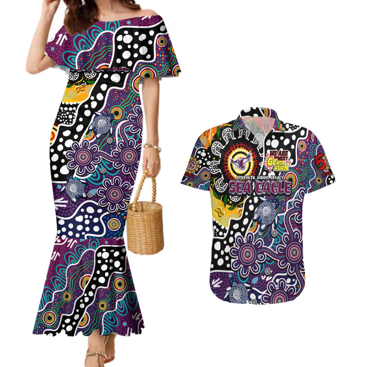 Personalised Sea Eagles NRL Celebrating 50 Years of Naidoc Couples Matching Mermaid Dress and Hawaiian Shirt NAIDOC Week 2025 Aboriginal