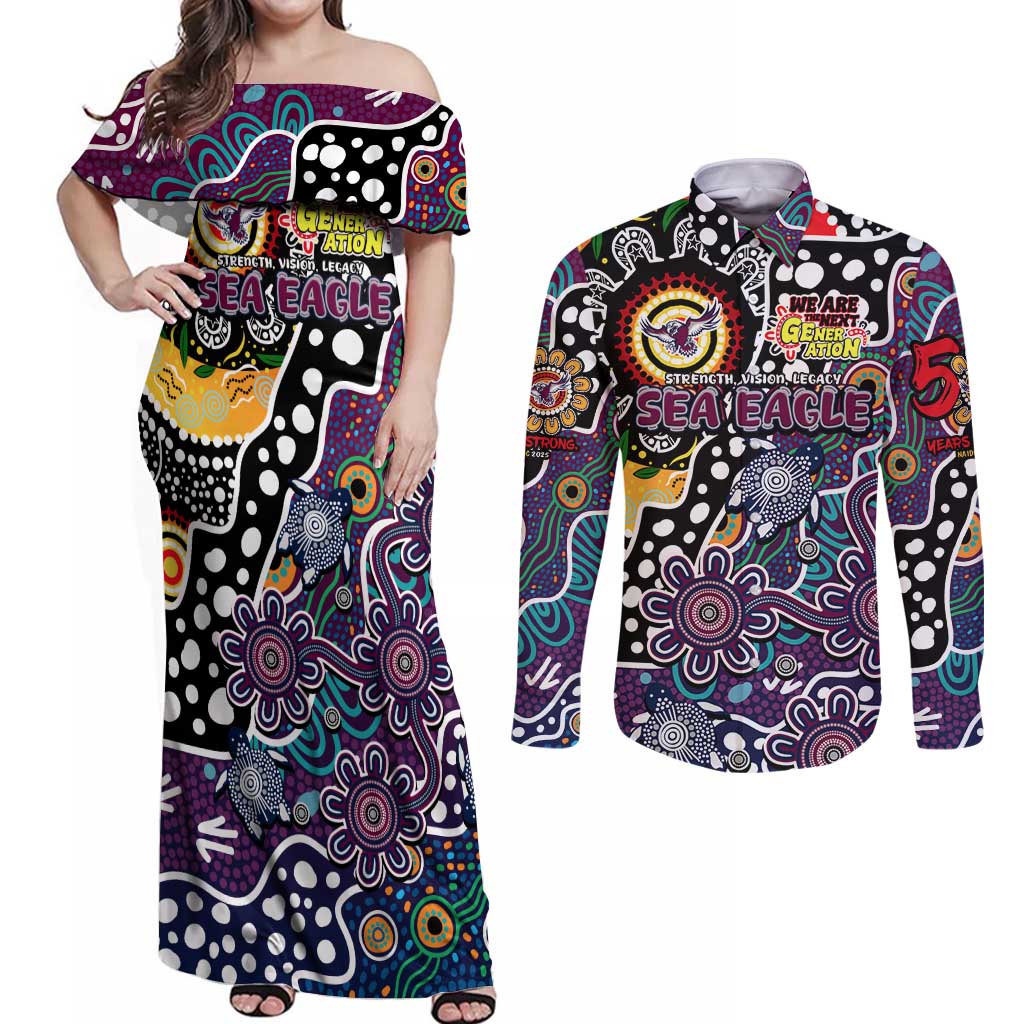 Personalised Sea Eagles NRL Celebrating 50 Years of Naidoc Couples Matching Off Shoulder Maxi Dress and Long Sleeve Button Shirt NAIDOC Week 2025 Aboriginal