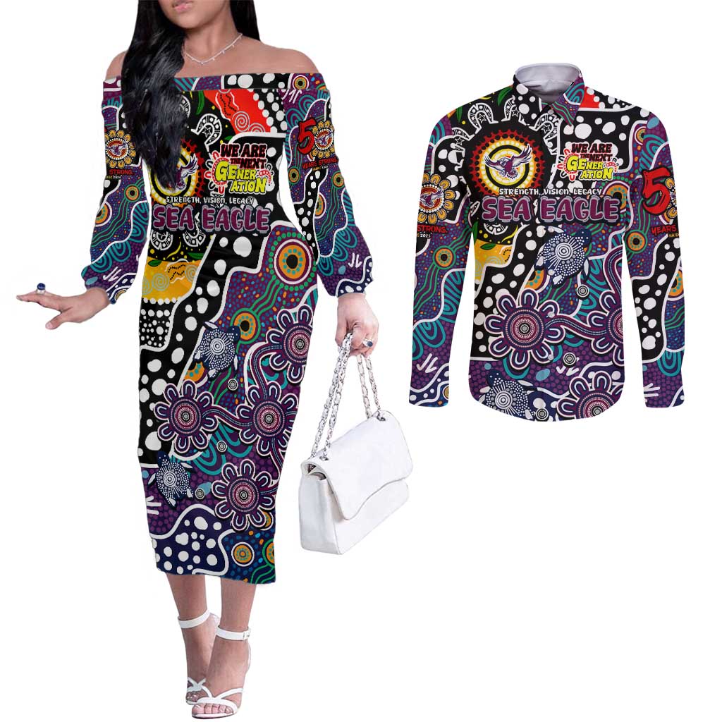 Personalised Sea Eagles NRL Celebrating 50 Years of Naidoc Couples Matching Off The Shoulder Long Sleeve Dress and Long Sleeve Button Shirt NAIDOC Week 2025 Aboriginal
