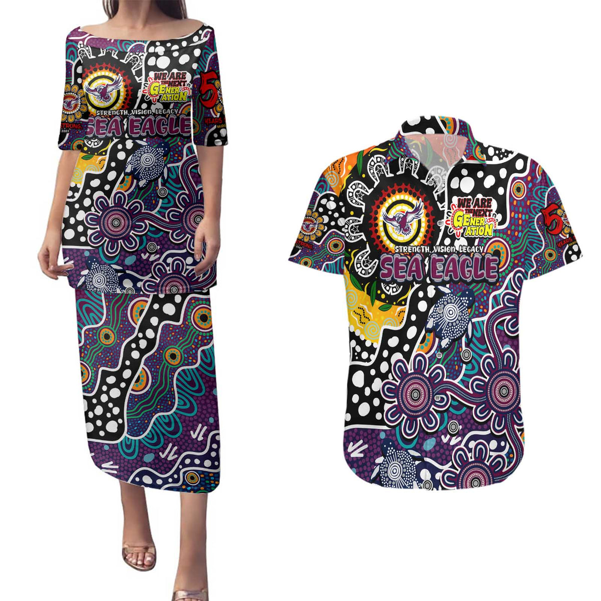 Personalised Sea Eagles NRL Celebrating 50 Years of Naidoc Couples Matching Puletasi and Hawaiian Shirt NAIDOC Week 2025 Aboriginal