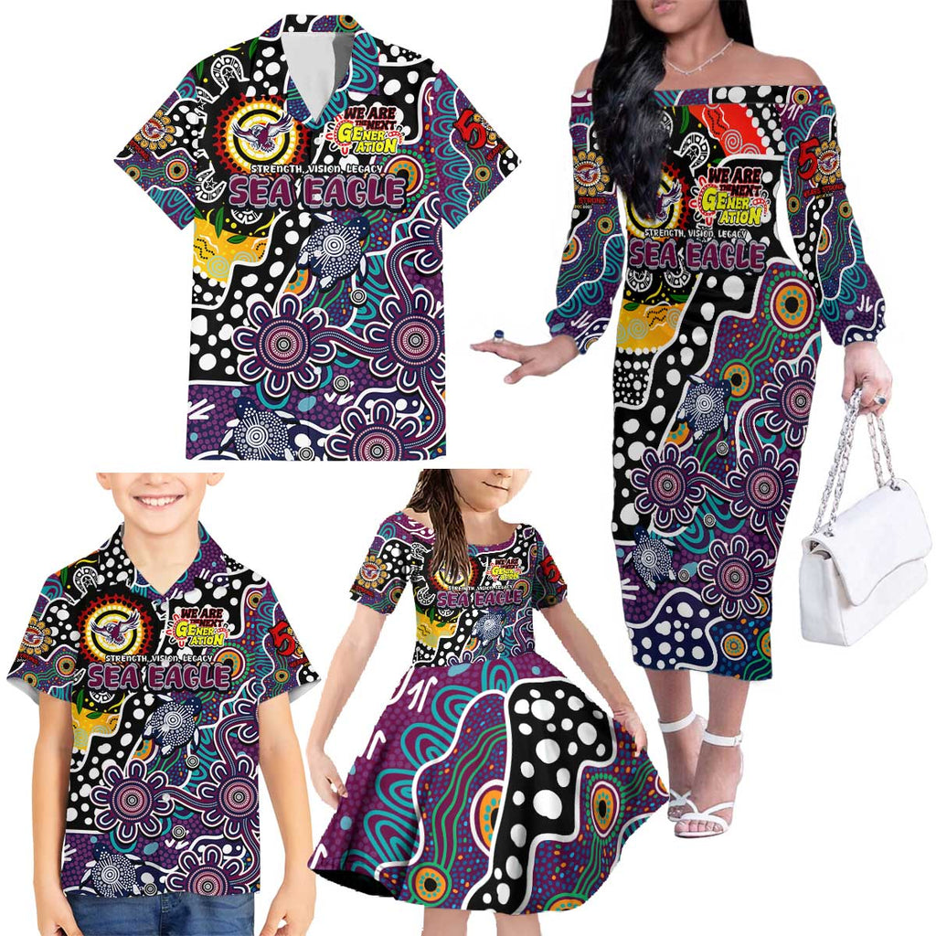 Personalised Sea Eagles NRL Celebrating 50 Years of Naidoc Family Matching Off The Shoulder Long Sleeve Dress and Hawaiian Shirt NAIDOC Week 2025 Aboriginal
