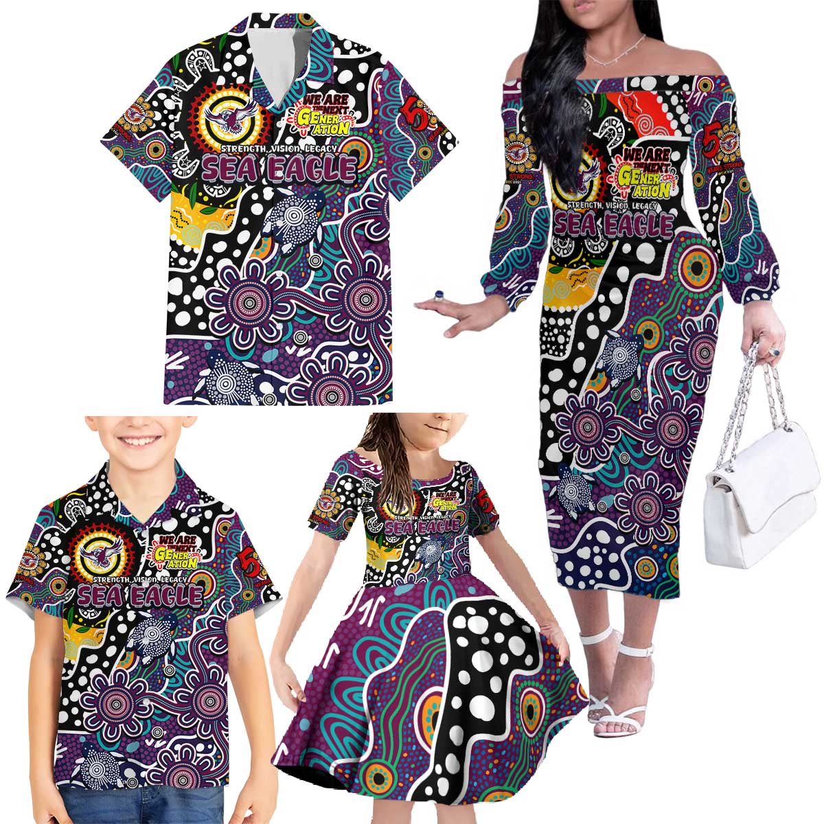Personalised Sea Eagles NRL Celebrating 50 Years of Naidoc Family Matching Off The Shoulder Long Sleeve Dress and Hawaiian Shirt NAIDOC Week 2025 Aboriginal