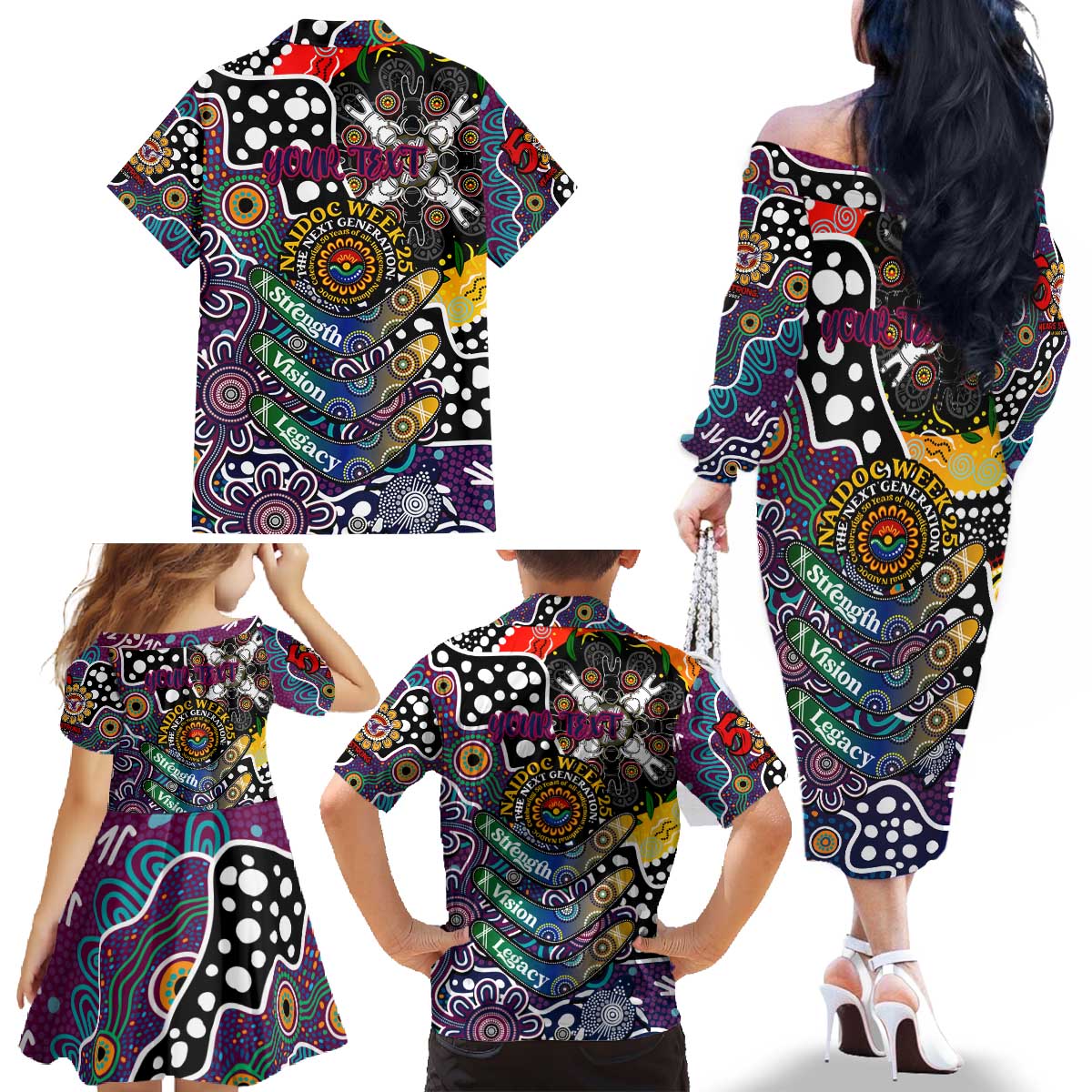 Personalised Sea Eagles NRL Celebrating 50 Years of Naidoc Family Matching Off The Shoulder Long Sleeve Dress and Hawaiian Shirt NAIDOC Week 2025 Aboriginal