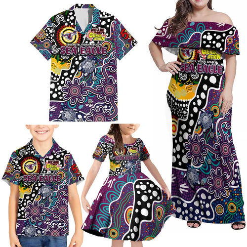 Personalised Sea Eagles NRL Celebrating 50 Years of Naidoc Family Matching Off Shoulder Maxi Dress and Hawaiian Shirt NAIDOC Week 2025 Aboriginal