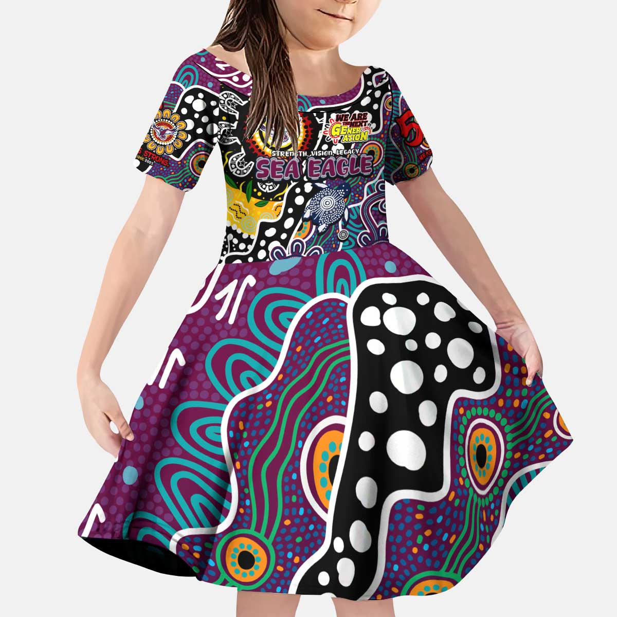 Personalised Sea Eagles NRL Celebrating 50 Years of Naidoc Kid Short Sleeve Dress NAIDOC Week 2025 Aboriginal
