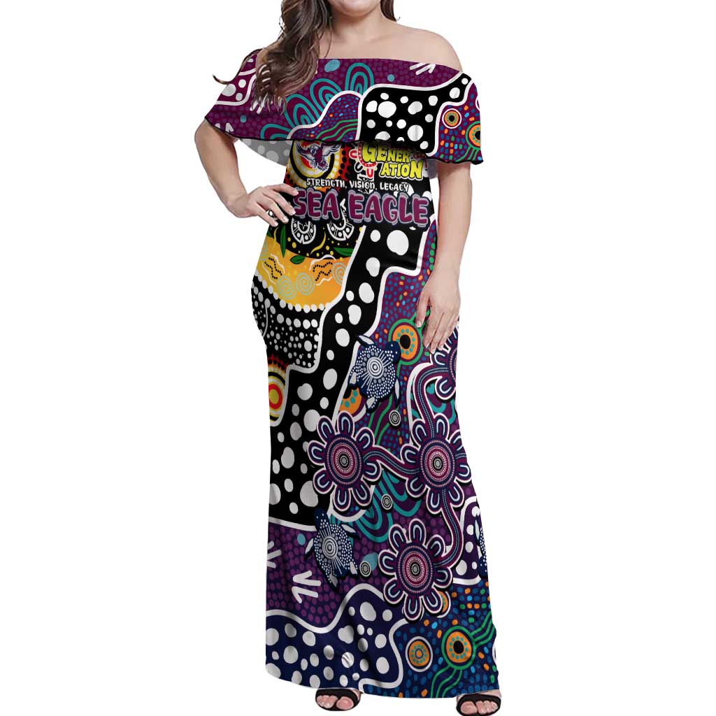 Personalised Sea Eagles NRL Celebrating 50 Years of Naidoc Off Shoulder Maxi Dress NAIDOC Week 2025 Aboriginal